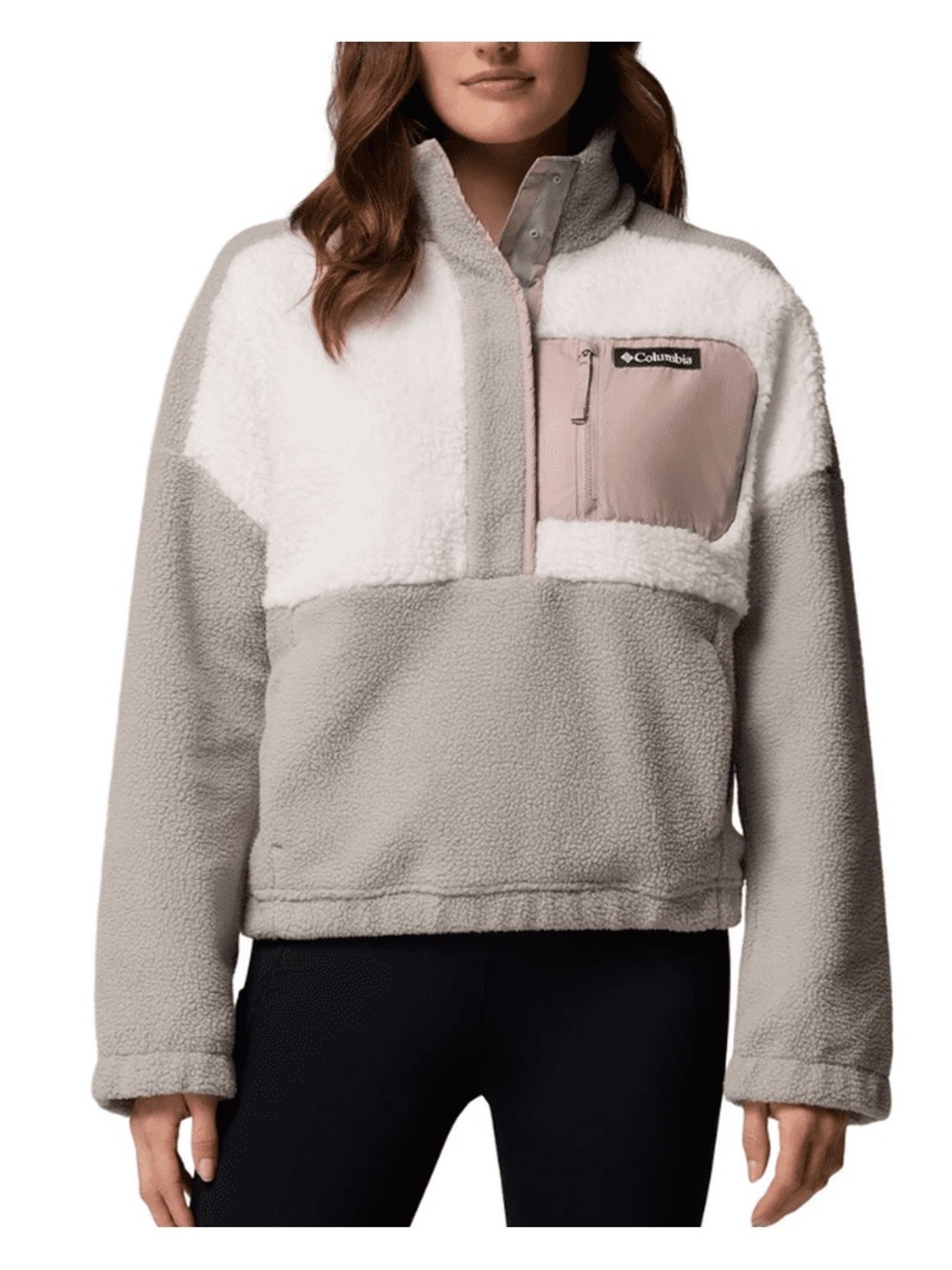 Columbia Women's Colorblock Sherpa Snap Pullover Jacket Light Gray White Cozy XS